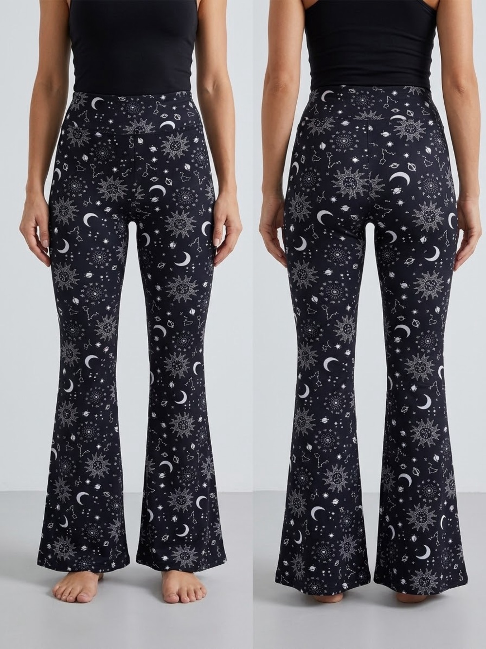Celestial Sun Moon Star Print Flared Leggings witchy whimsigoth stretch pants